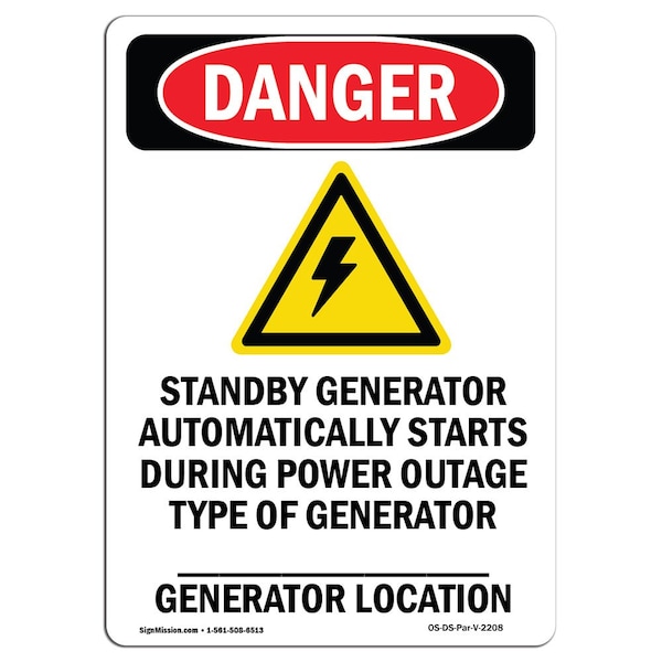 Safety Sign, OSHA Danger, 5" Height, Standby Generator, Portrait, 10PK